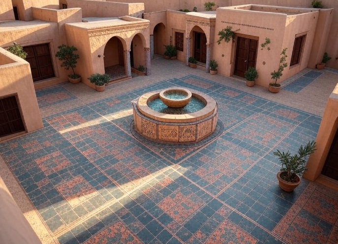 Courtyard with ornate fountain