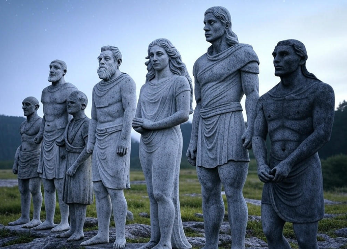 Ancient stone statues lineup