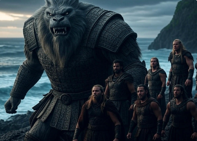 Giant beast faces warriors