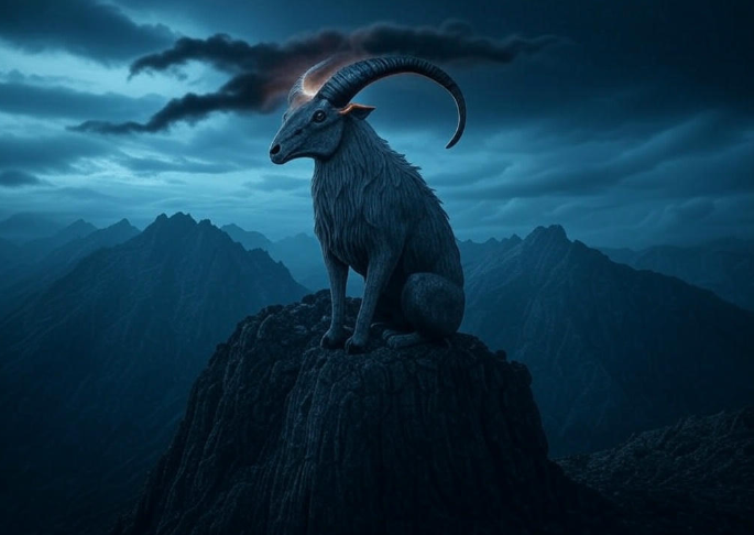 Horned goat mountain peak night sky