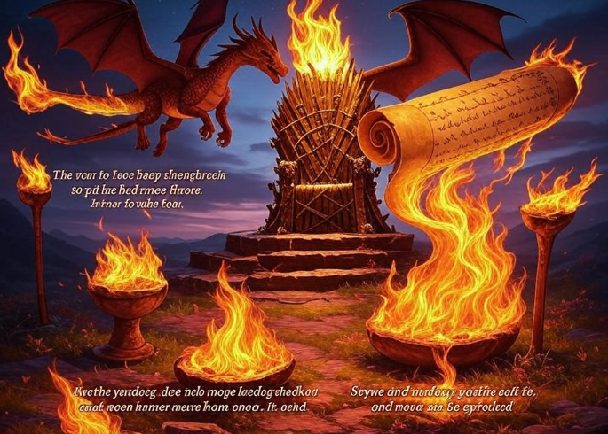 Dragon with throne fire text