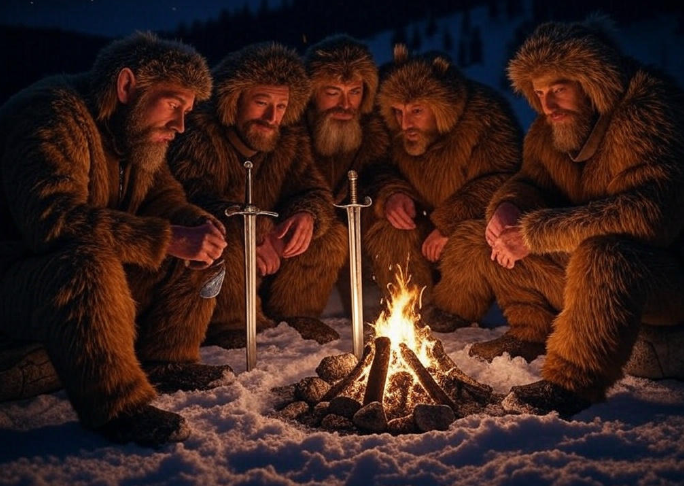 Fur-clad men with swords