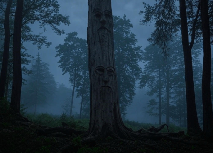 Mysterious tree faces forest