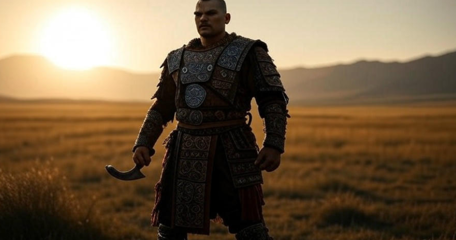 Warrior stands at sunset