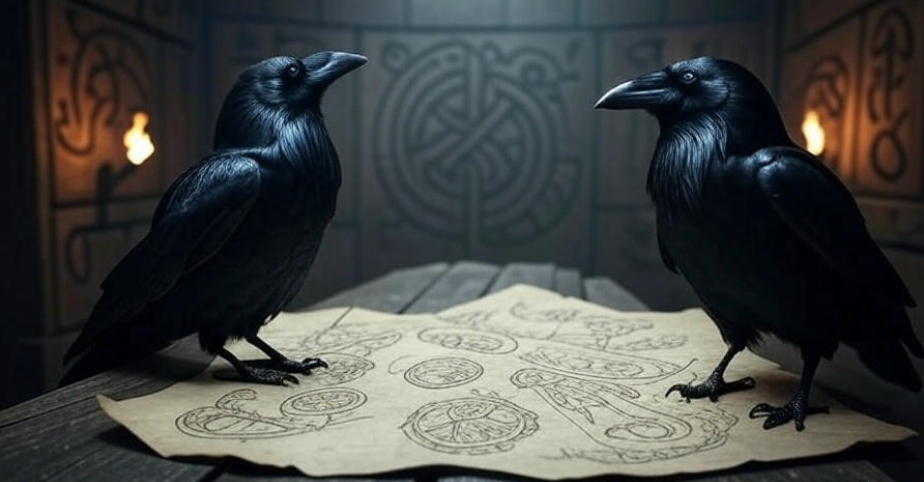 Two ravens on ancient map