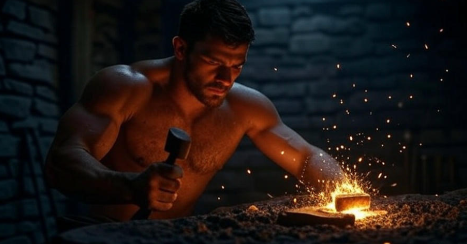 Blacksmith forging with sparks