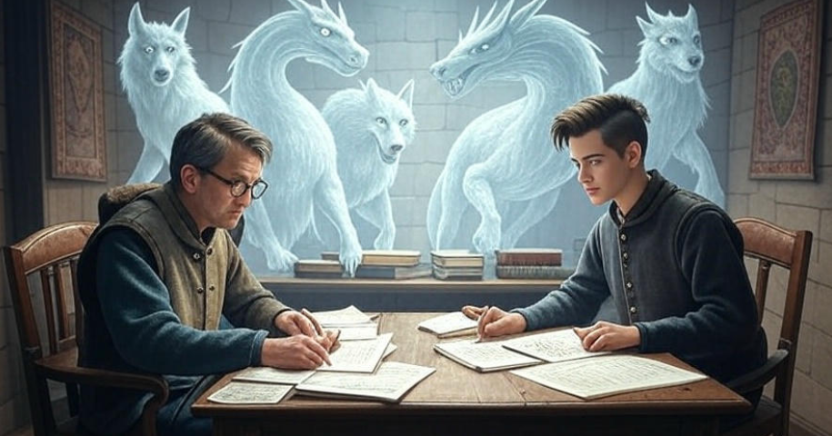 Scholars with fantasy creatures