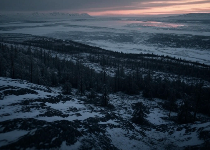 Snowy forest at sunset

