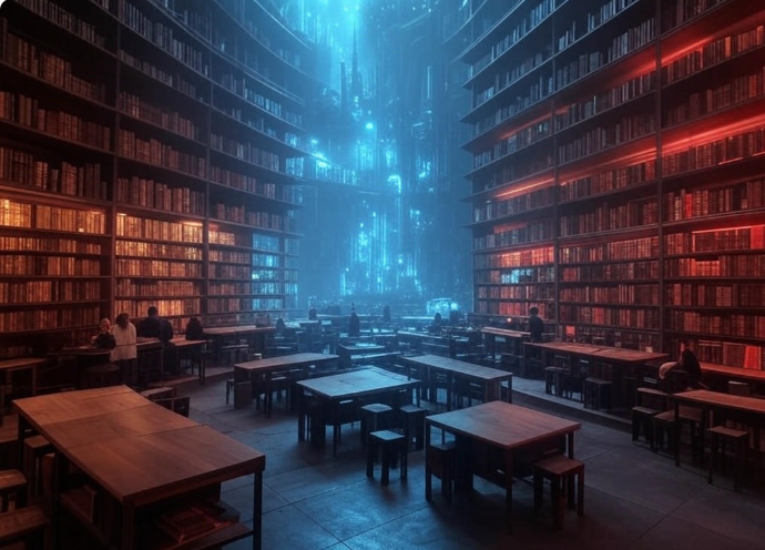 Futuristic library with tables