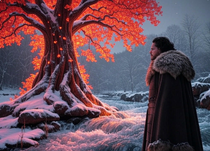 Man by glowing tree