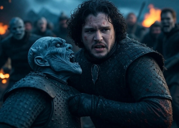 Warrior fighting undead creature
