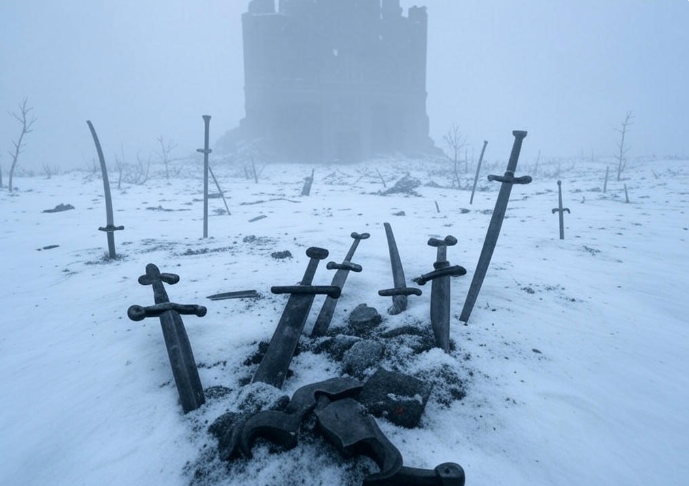 Swords ruins snowy landscape