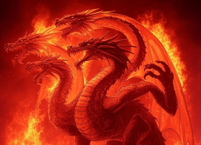 Multiheaded dragon fiery background