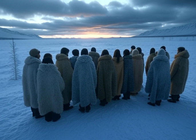 Group fur cloaks snowy horizon
