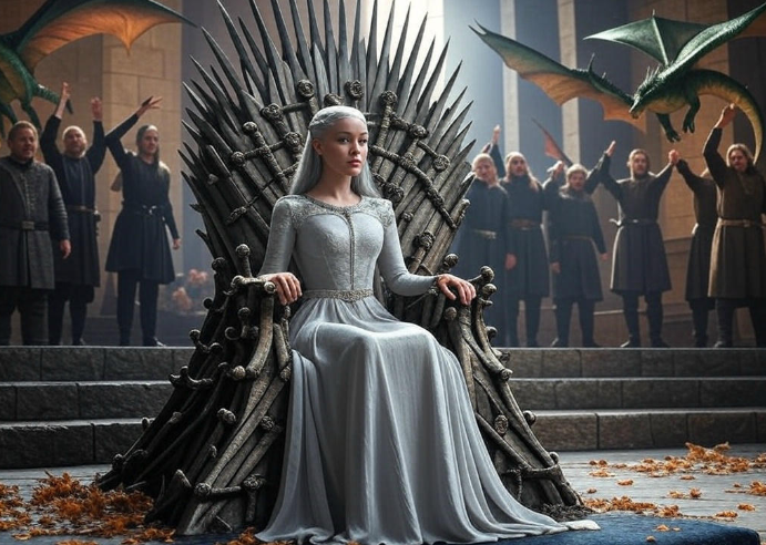 Queen on throne dragons