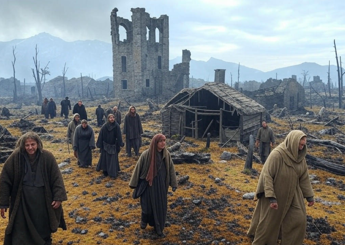People walking through ruins