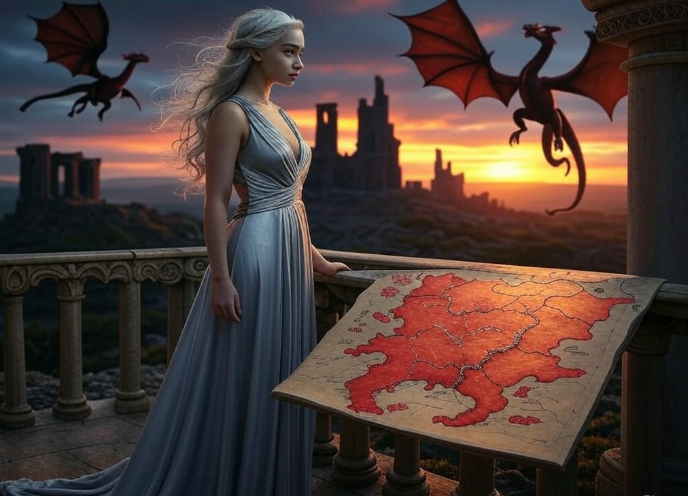 Woman dragons map sunset