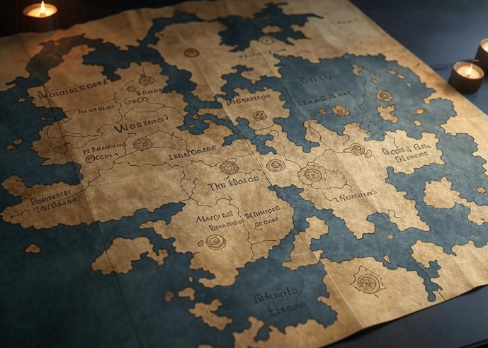 Ancient map with candles lit