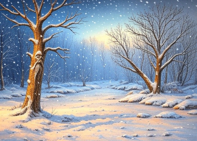 Snowy forest mystical tree scene