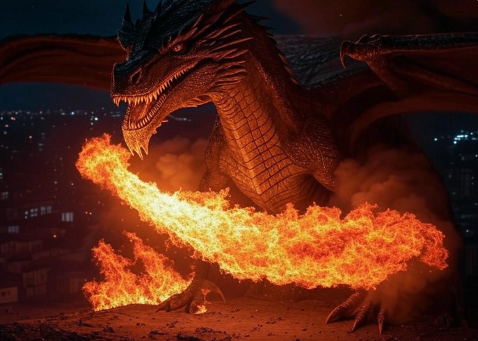 Dragon breathing fire cityscape