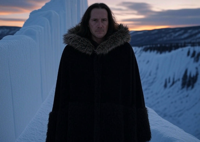 Cloaked figure icy wall