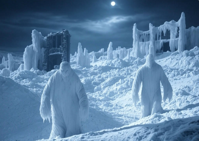 Icy figures in snowy ruins