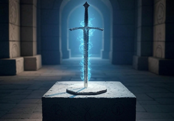 Mystical glowing sword pedestal