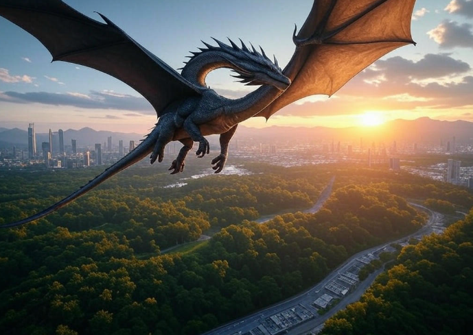 Dragon flying over cityscape sunset
