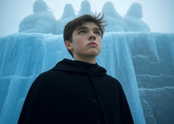 Youth gazing at icy statues