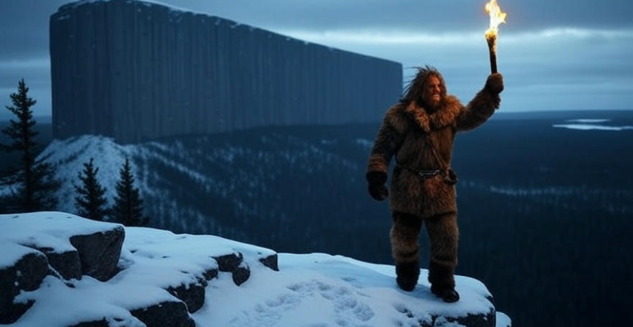 Fur-clad torchbearer icy wall