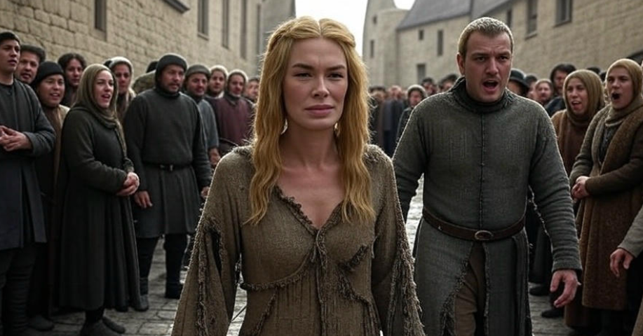Medieval crowd with woman