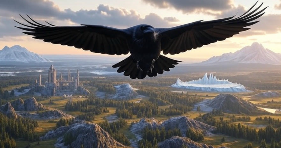 Raven over fantasy mountain landscape