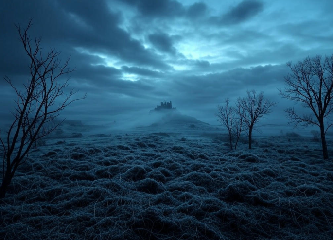 Misty castle eerie landscape