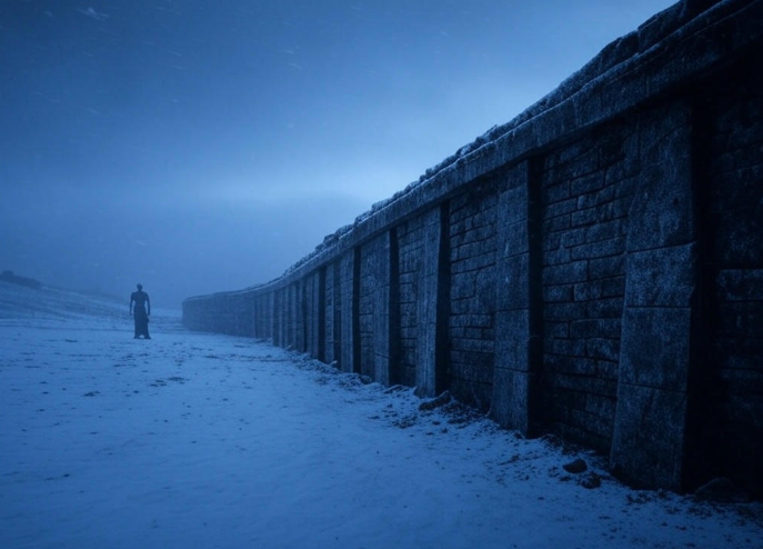 Lone figure snowy wall