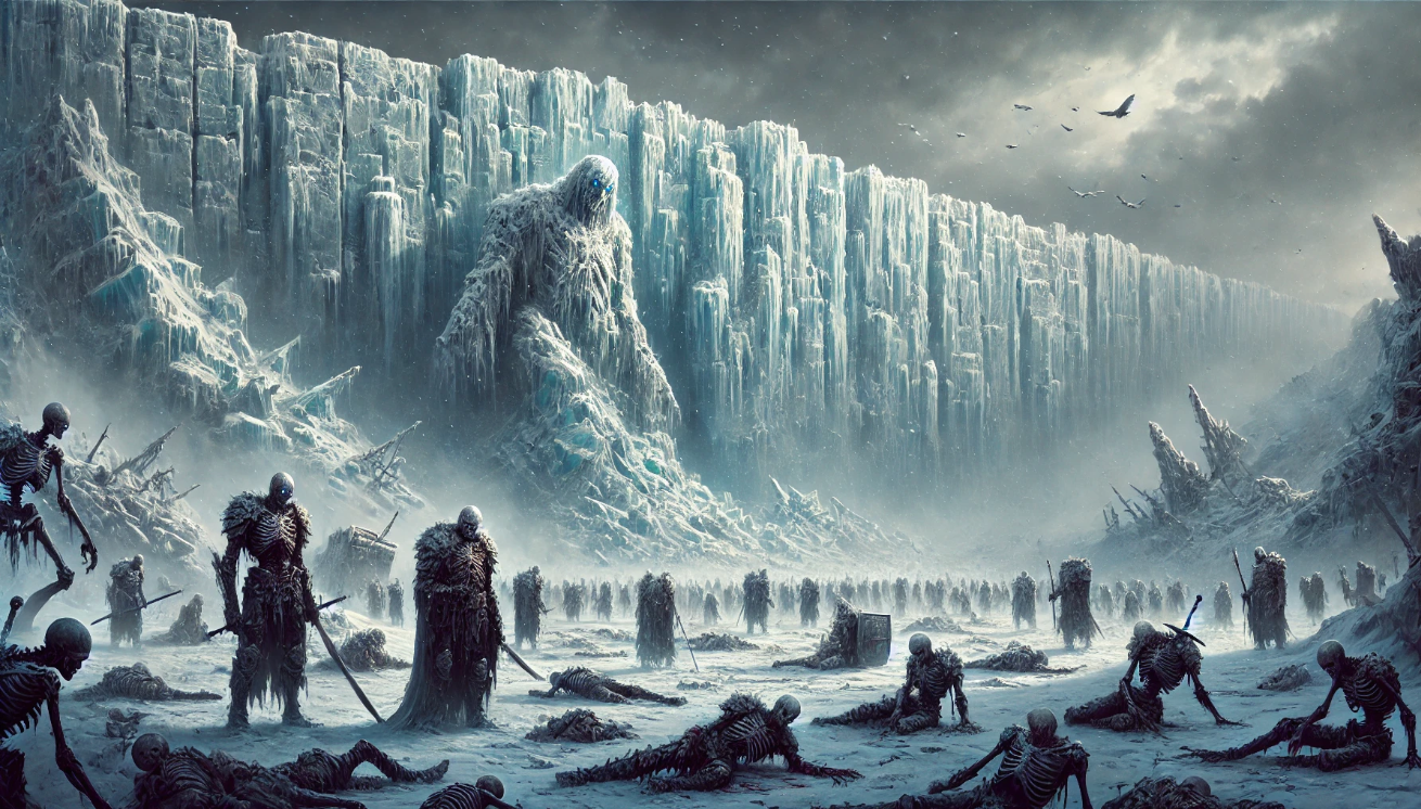Warriors facing ice giant before massive frozen wall