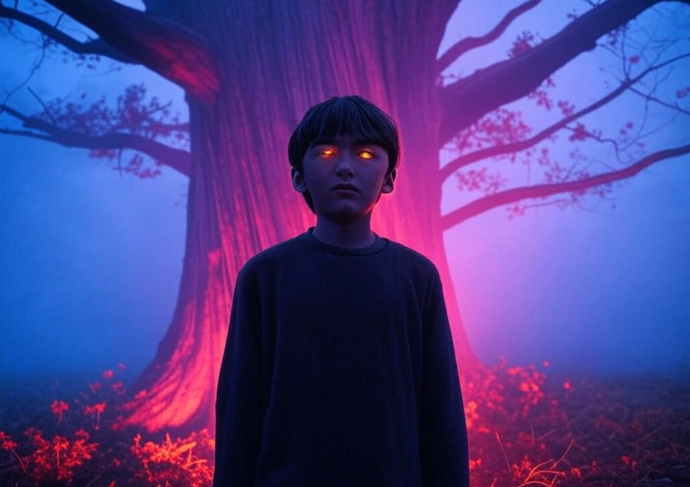 Child glowing eyes tree