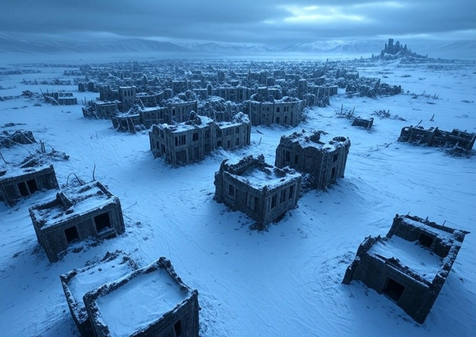 Ruined houses snowy landscape