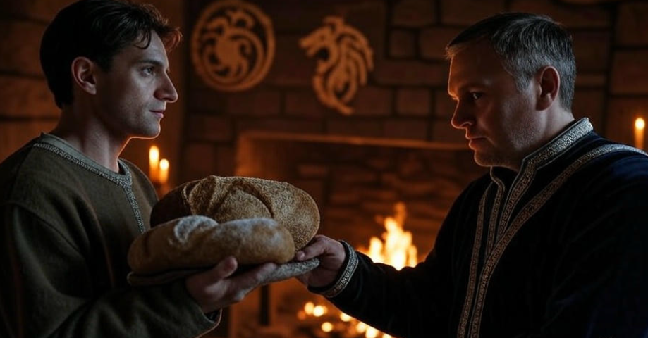 Medieval men sharing bread