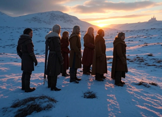 Group in snowy sunset