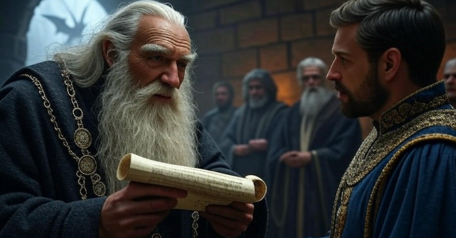 Wise elder reading scroll