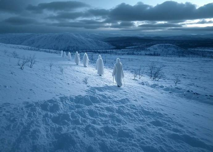 Ghostly figures in snowy landscape