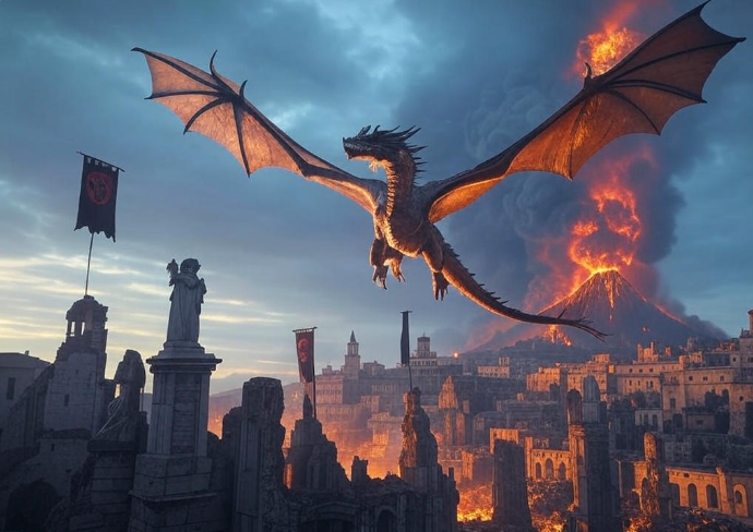 Dragon over erupting volcano