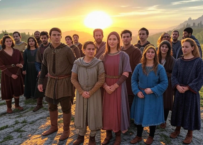 Medieval group sunset gathering