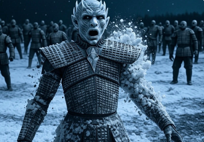 Armored figure snow blast