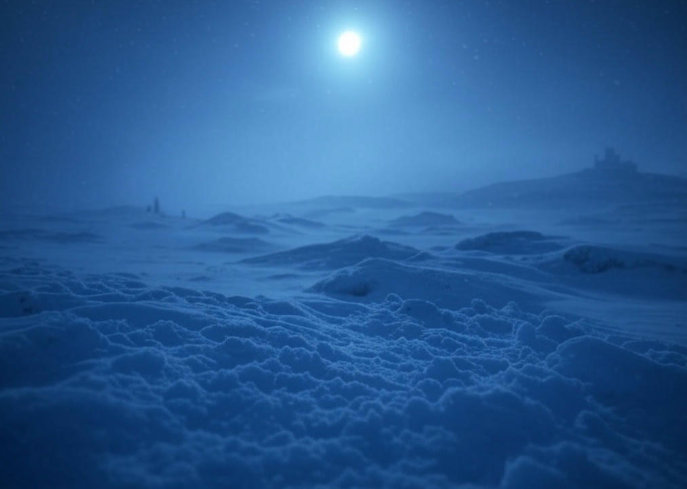 Snowy landscape under moonlight