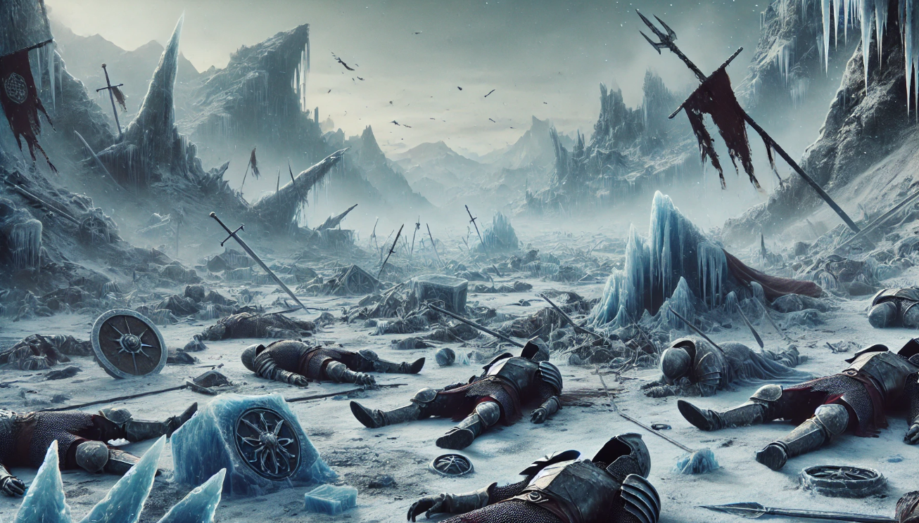 Frozen battlefield with warriors