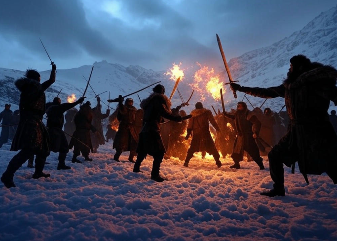 Warriors battling snowy night