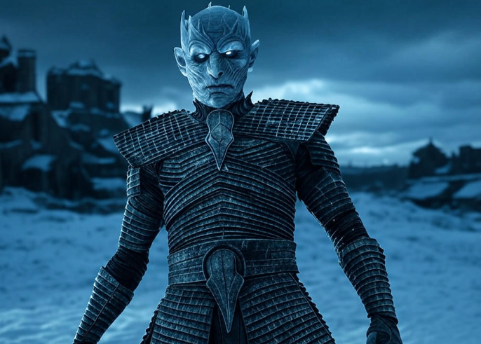 Blue armored figure in snow