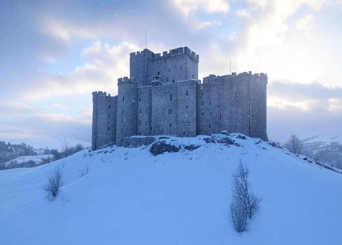 Snowy castle hill cloudy sky