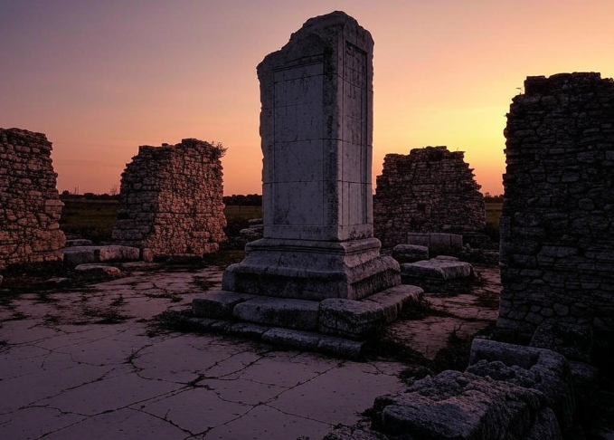 Ancient ruins sunset glow